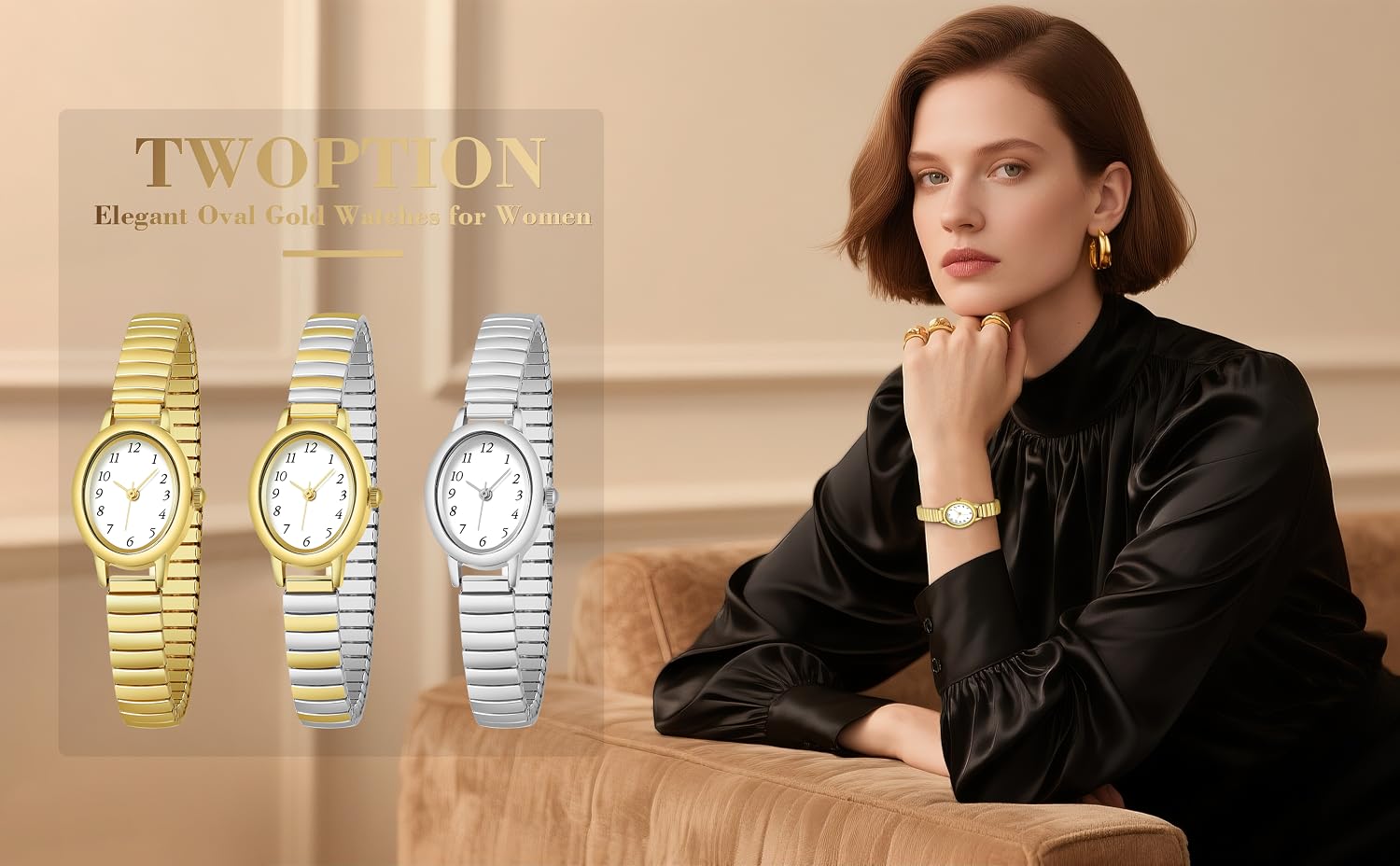 TWOPTION Gold Watches for Women, Waterproof Women's Easy Reader Watch Analog Women Watch with Alloy Steel Expansion Band